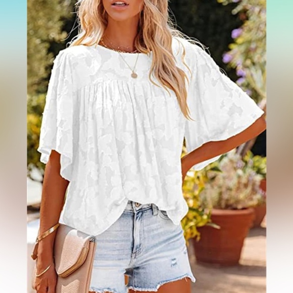 QWZNDZG Elegant Chiffon Summer Short Sleeve Lace Tops size S